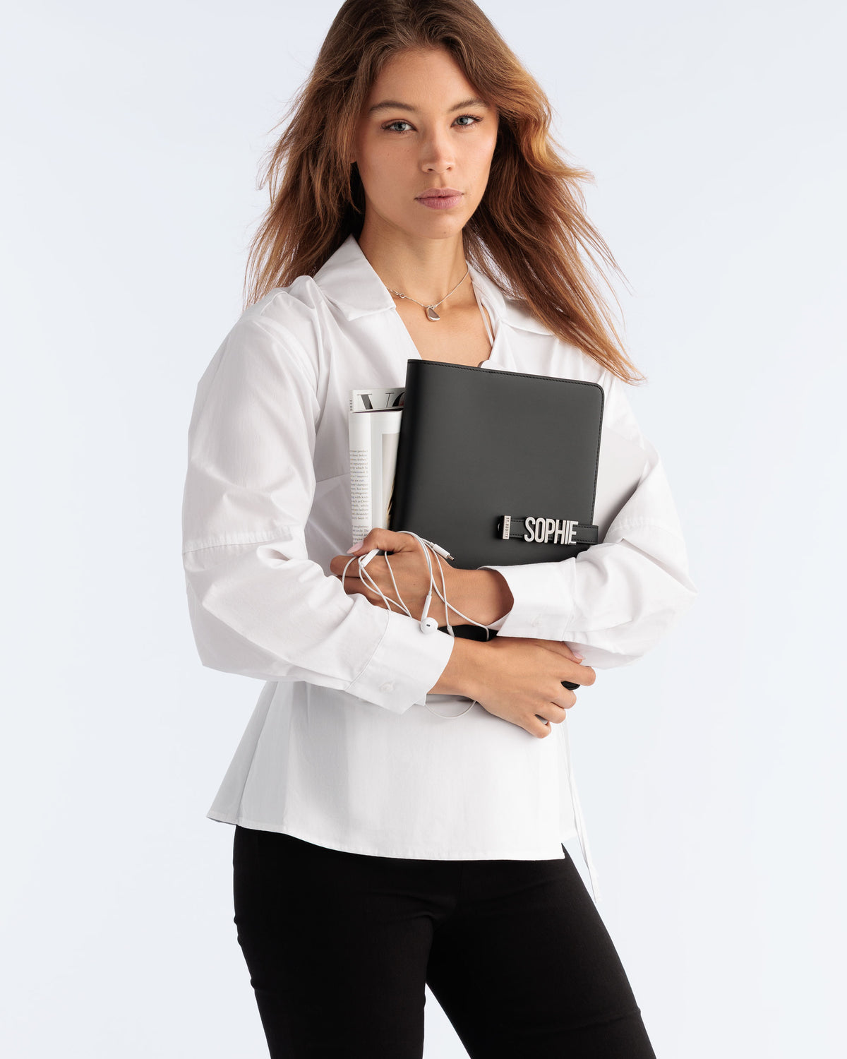 Model with the A4 Notebook in Black with gunmetal hardware