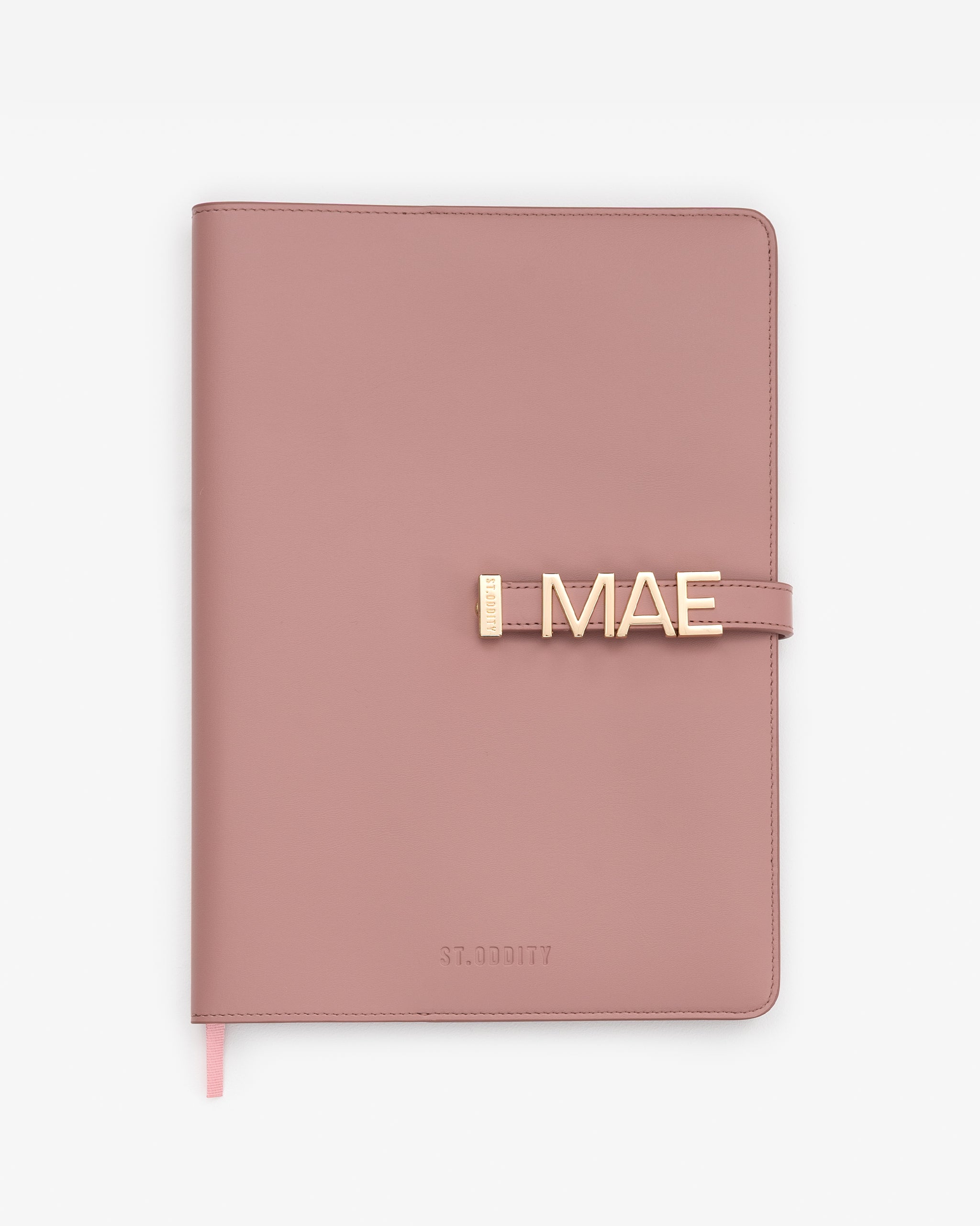 Blush A4 Notebook with 'MAE' gold personalisation on a white background