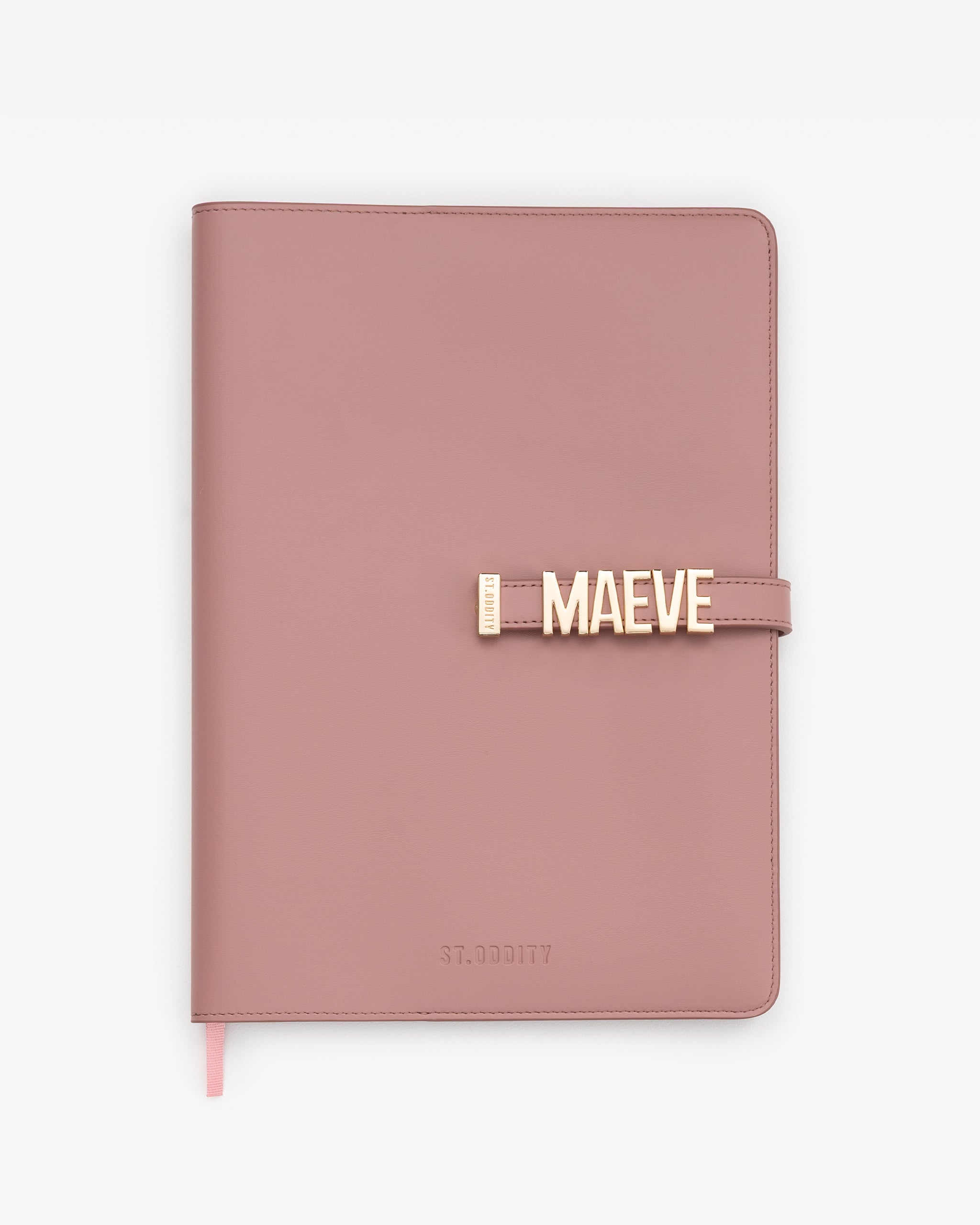 Blush A4 Notebook with 'MAEVE' gold personalisation on a white background