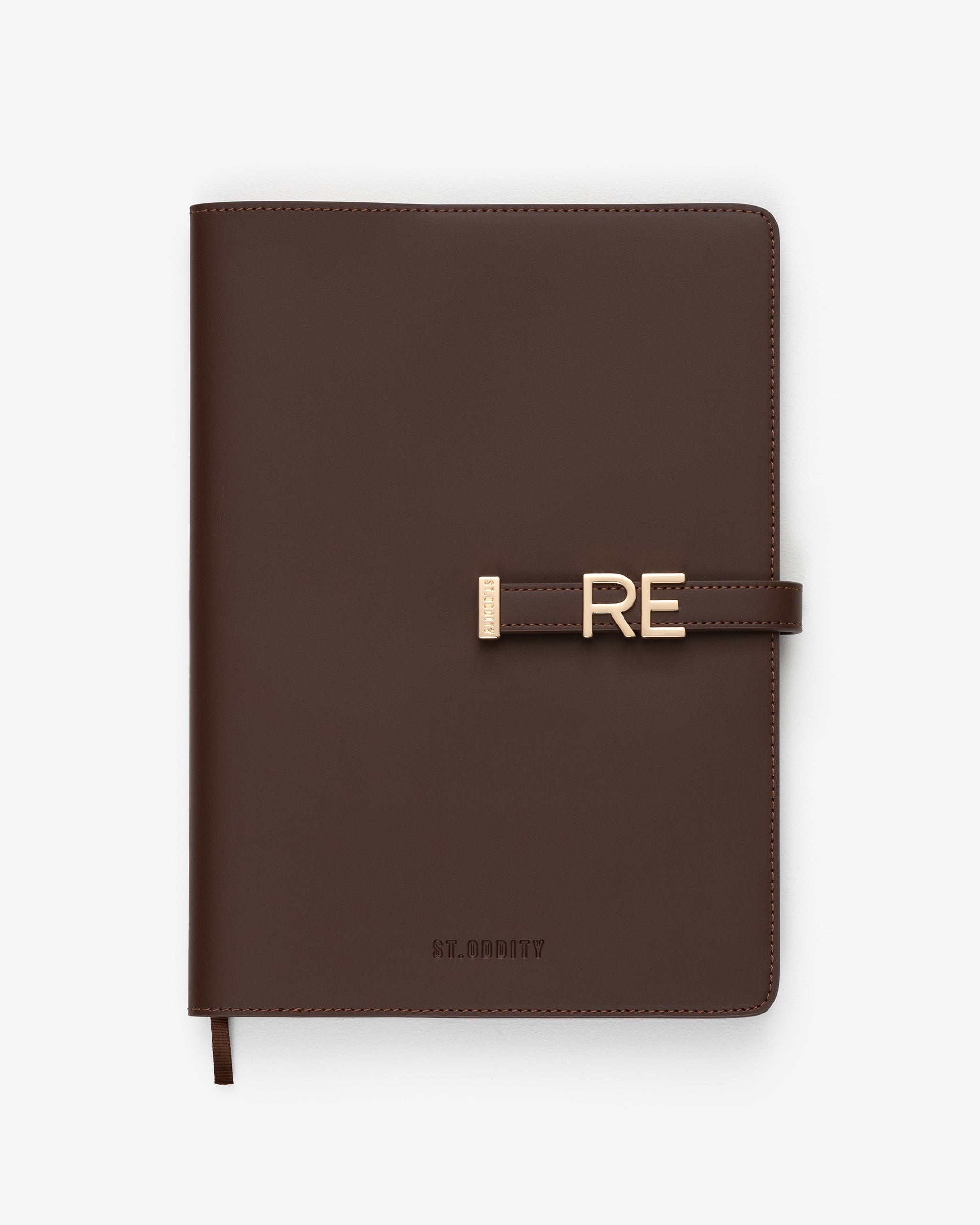 A4 Brown notebook with 'RE' personalisation on a white background