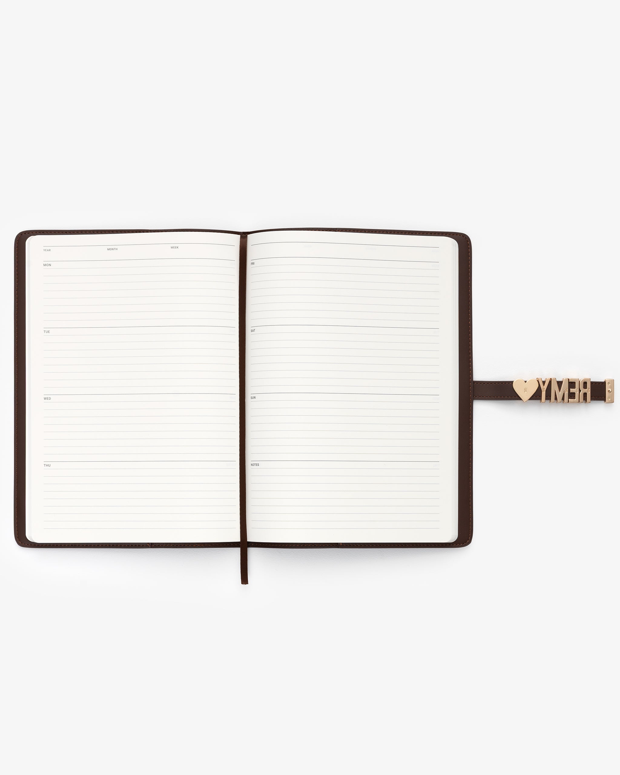 Open A4 Brown notebook with weekly planner insert on a white background