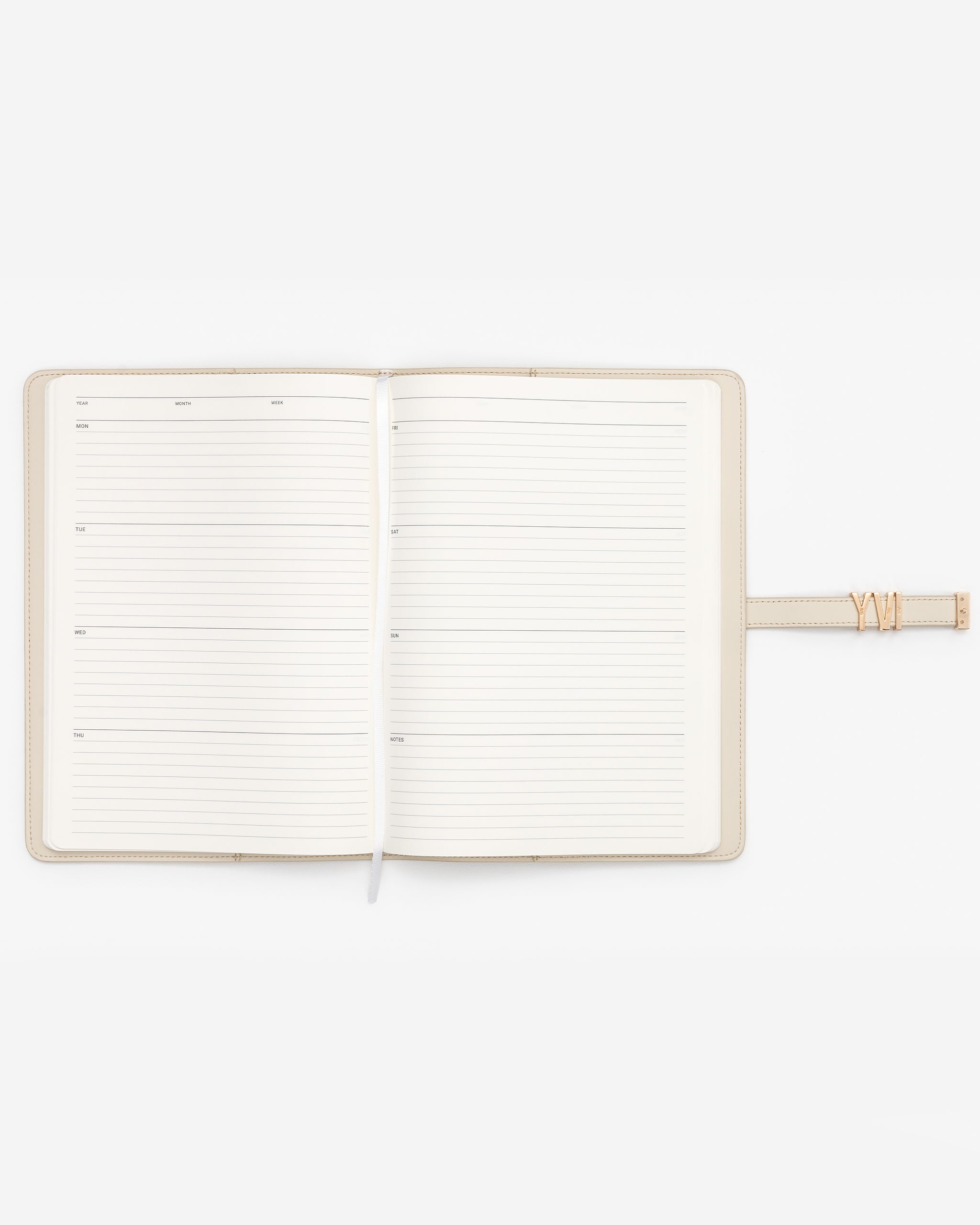 Open off white notebook with lined pages on a white background