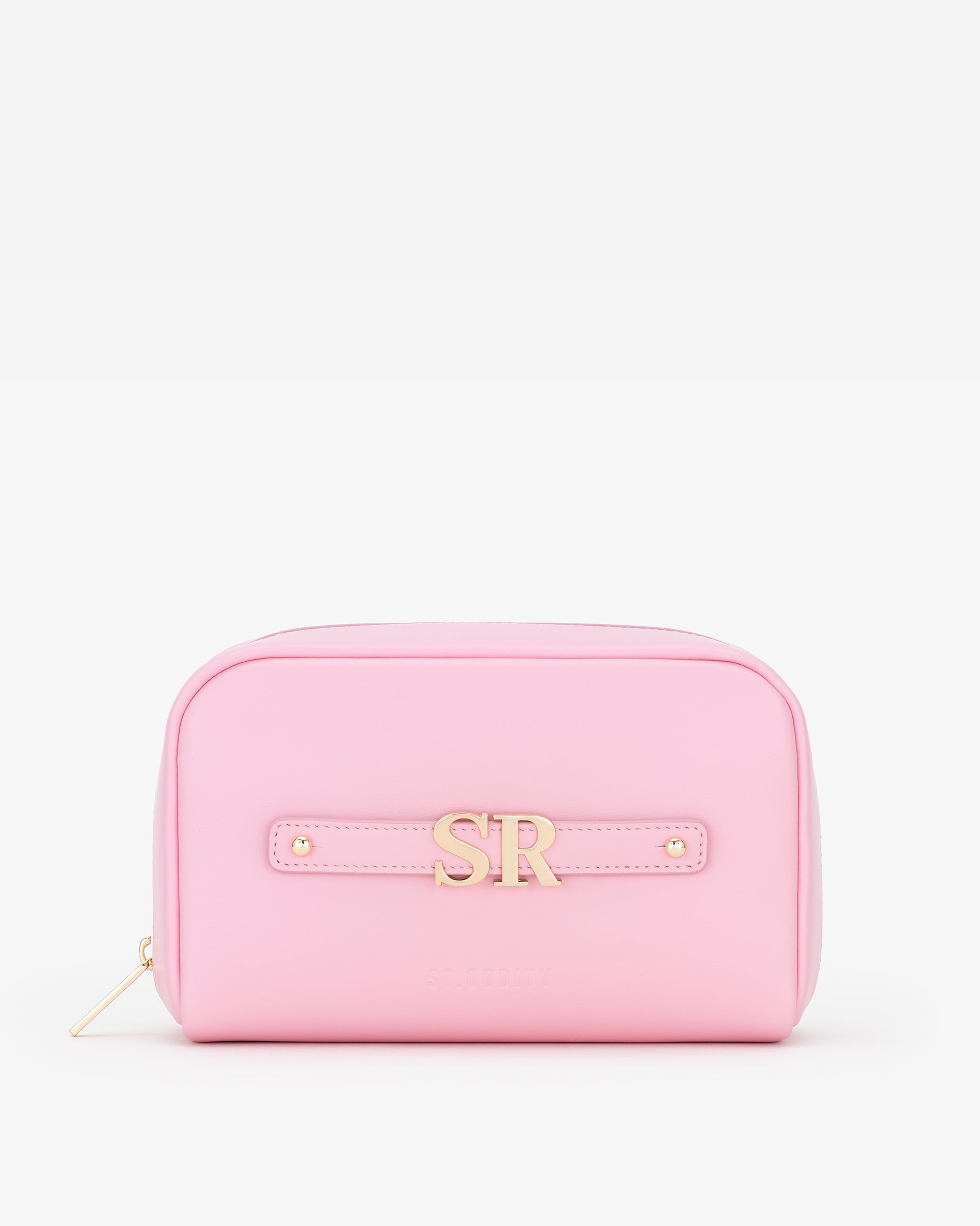 Pink pouch with 'SR' personalisation on a white background