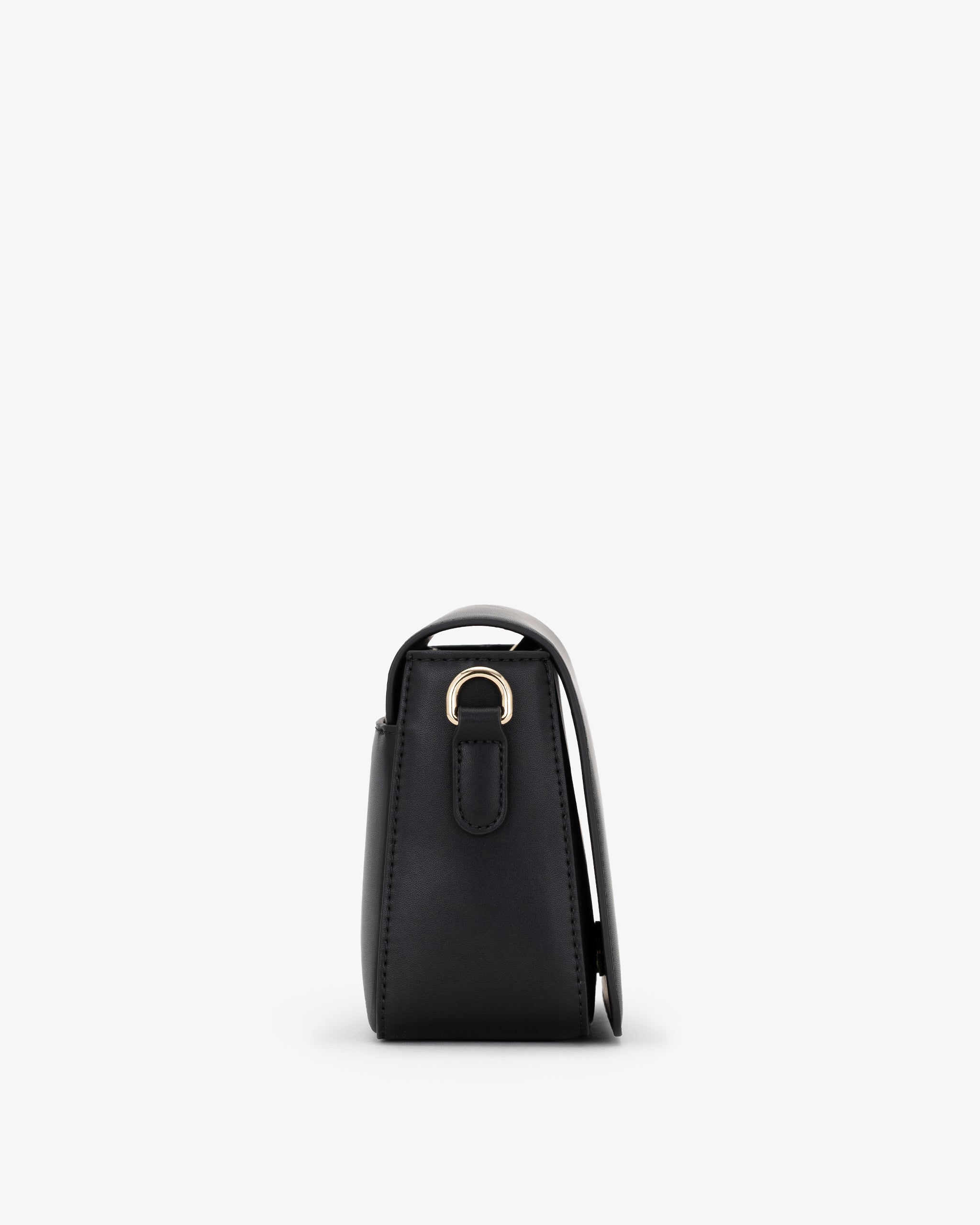 Side of black crossbody bag on a white background