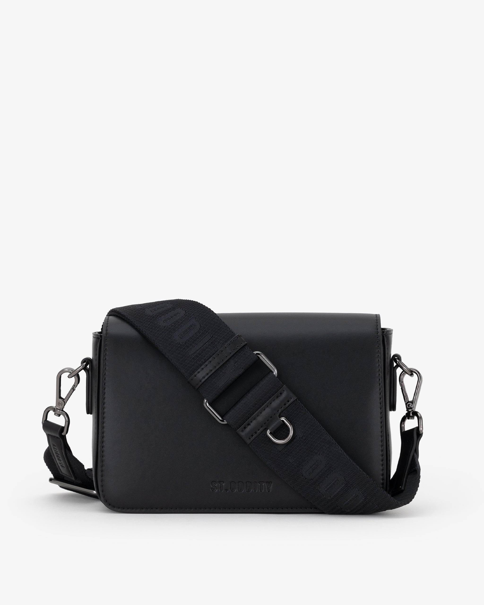 Black crossbody bag with a strap on a white background
