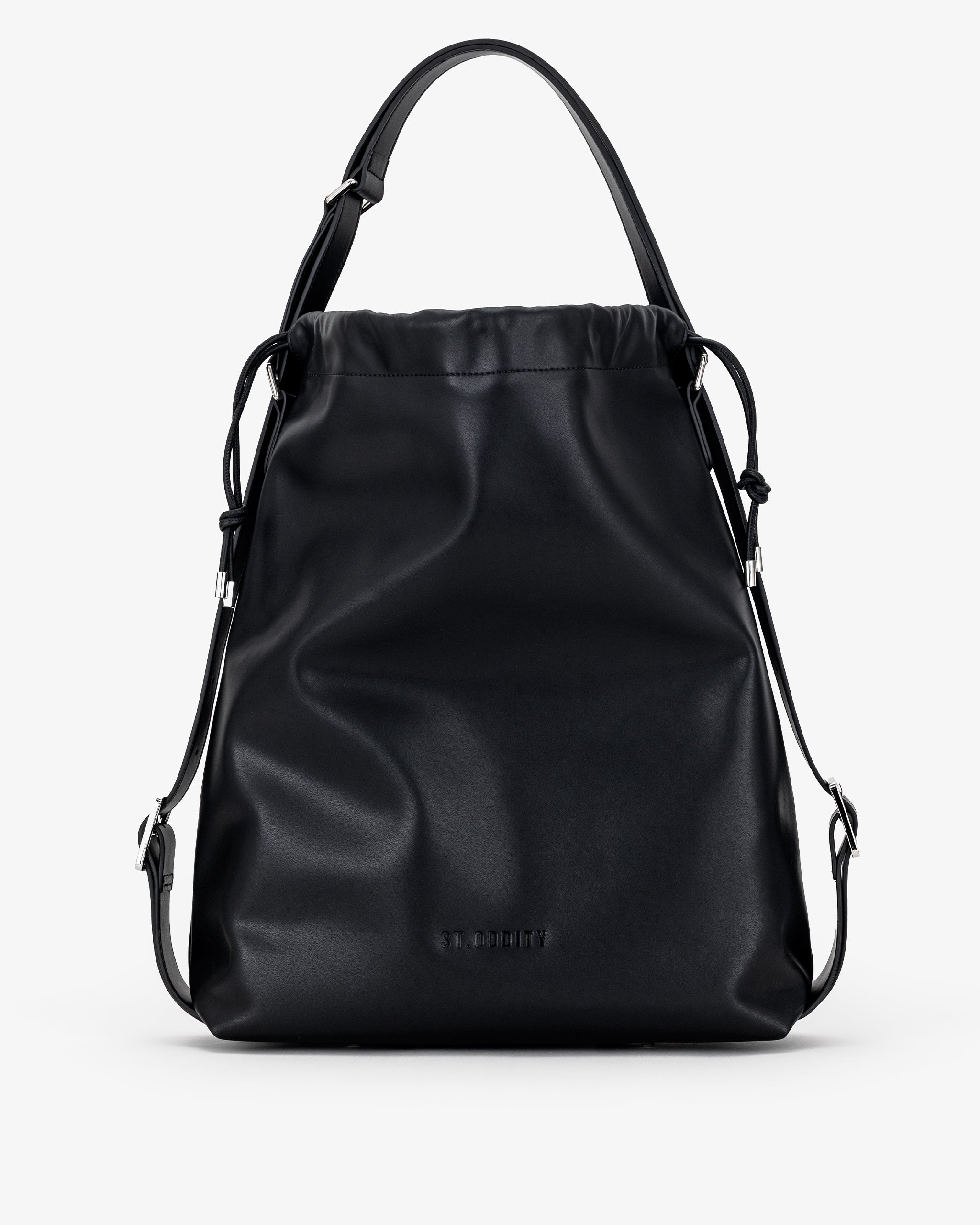 Black drawstring bag on a white background