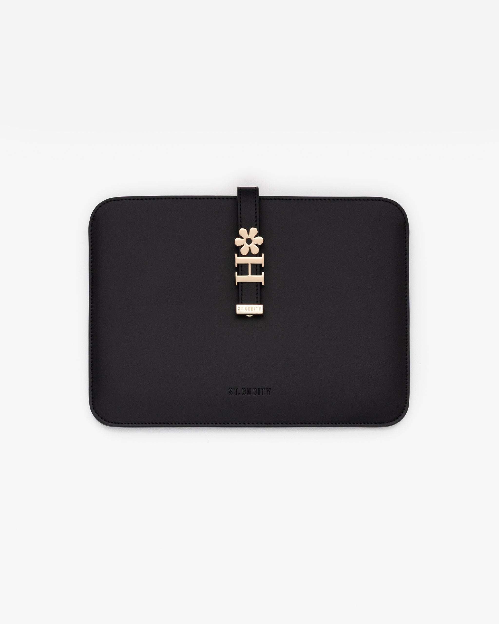 Black iPad sleeve with gold personalisation on a white background