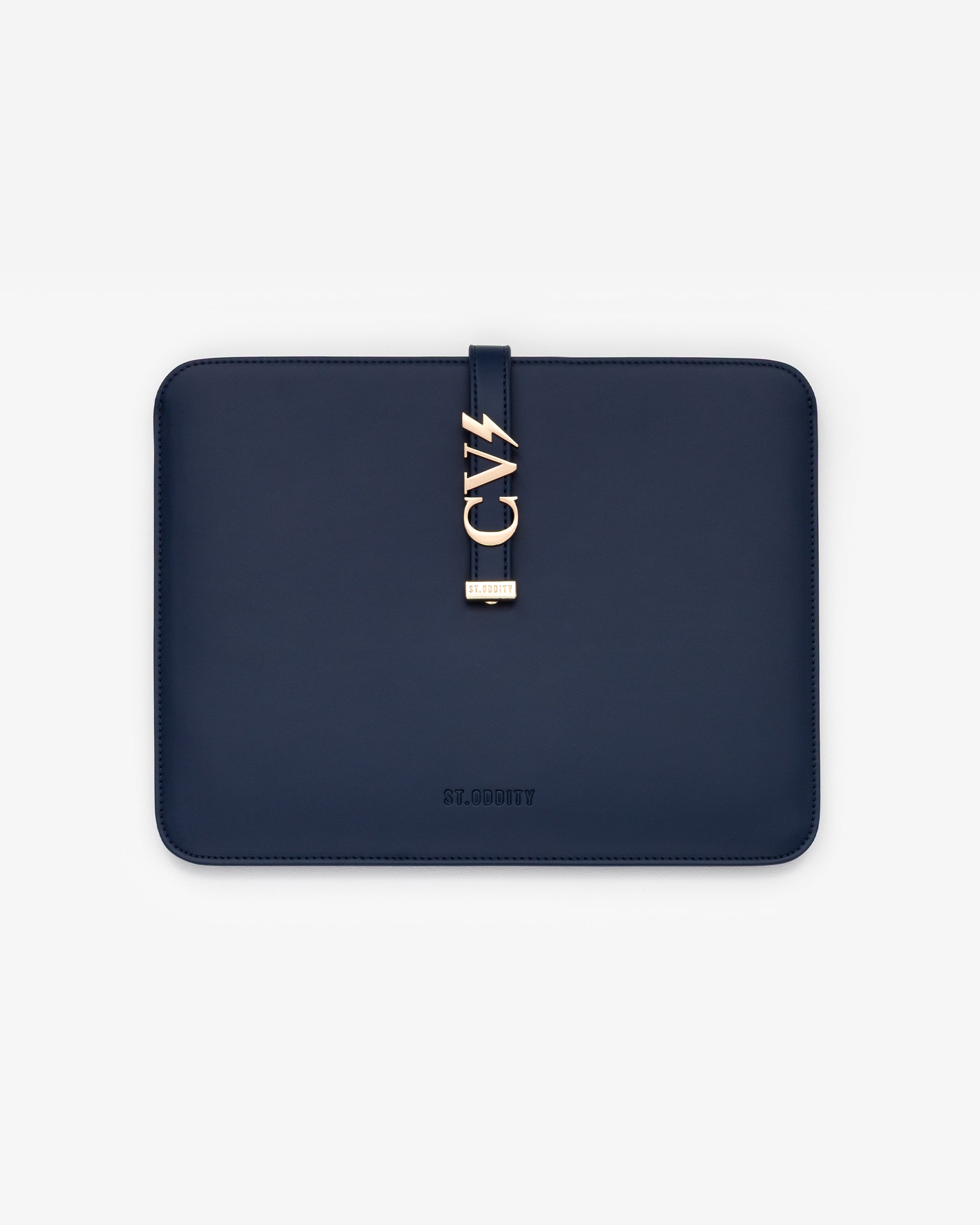 Navy blue iPad sleeve with gold personalisation 'CV⚡️' on a white background