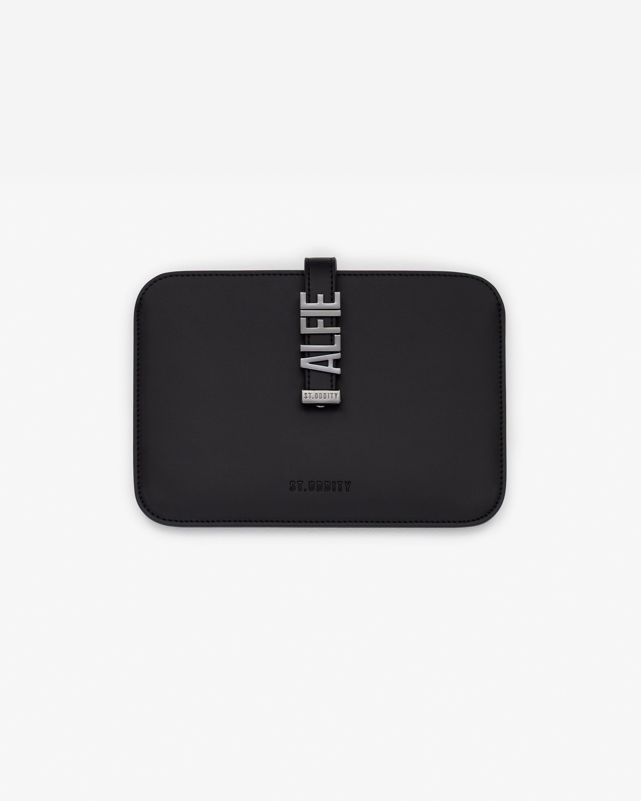 Black iPad/kindle sleeve with gunmetal personalisation 'ALFIE' on a white background