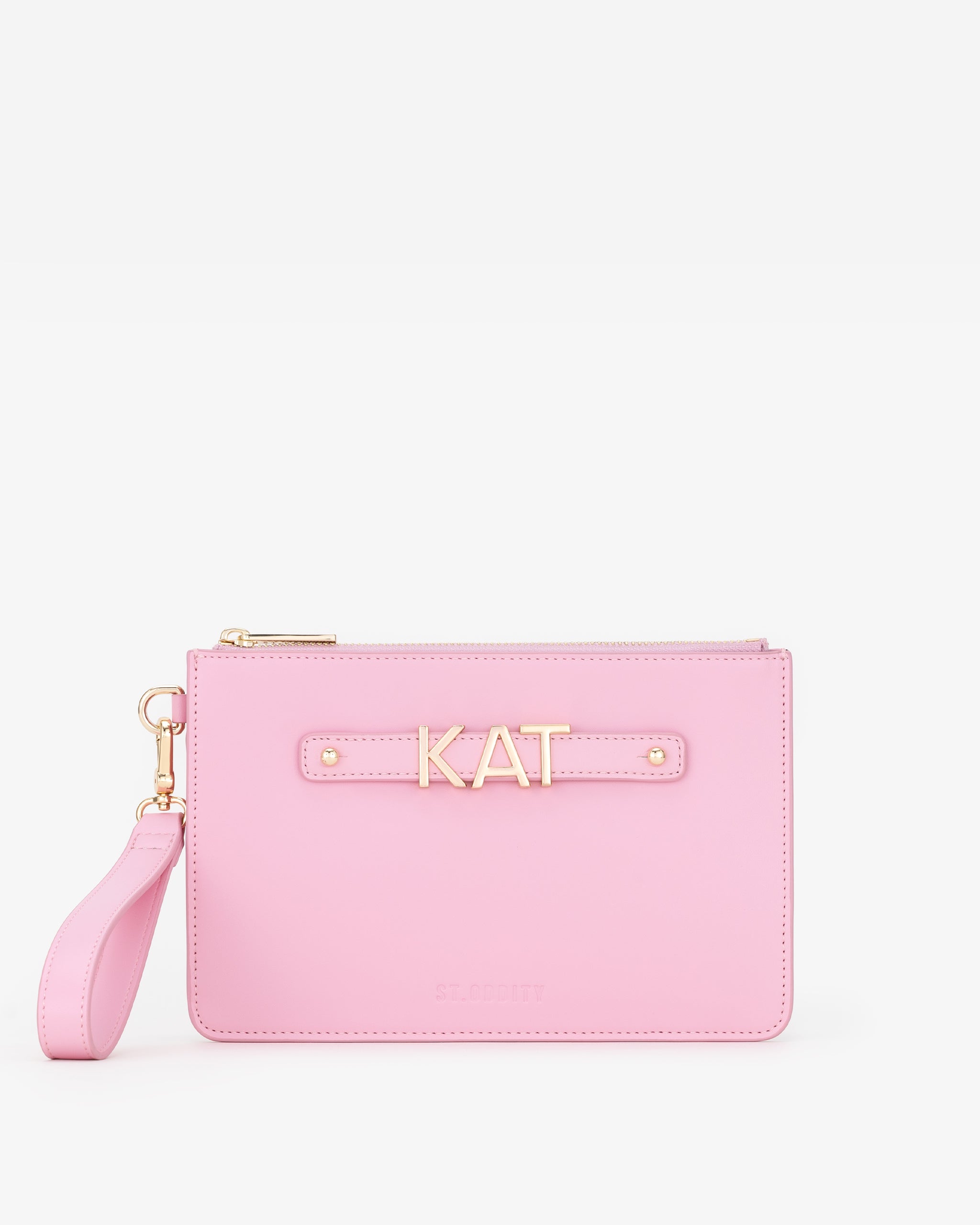 Pink pouch with gold personalisation 'KAT' on a white background