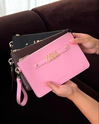 Pouch in Black/Gold, Brown and Pink with personalisation