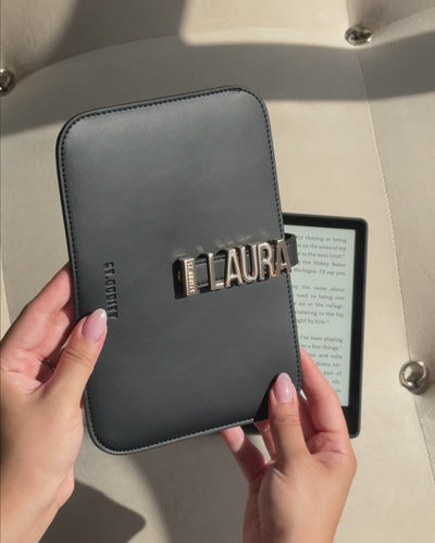 Kindle/iPad Mini Sleeve in Black/Gold with 'LAURA' personalisation.