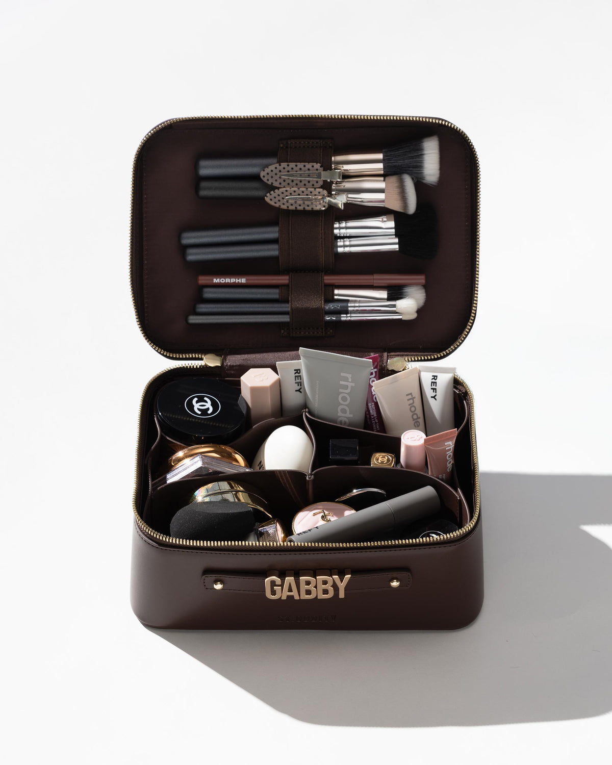Vanity Case in Brown, open to show the interior