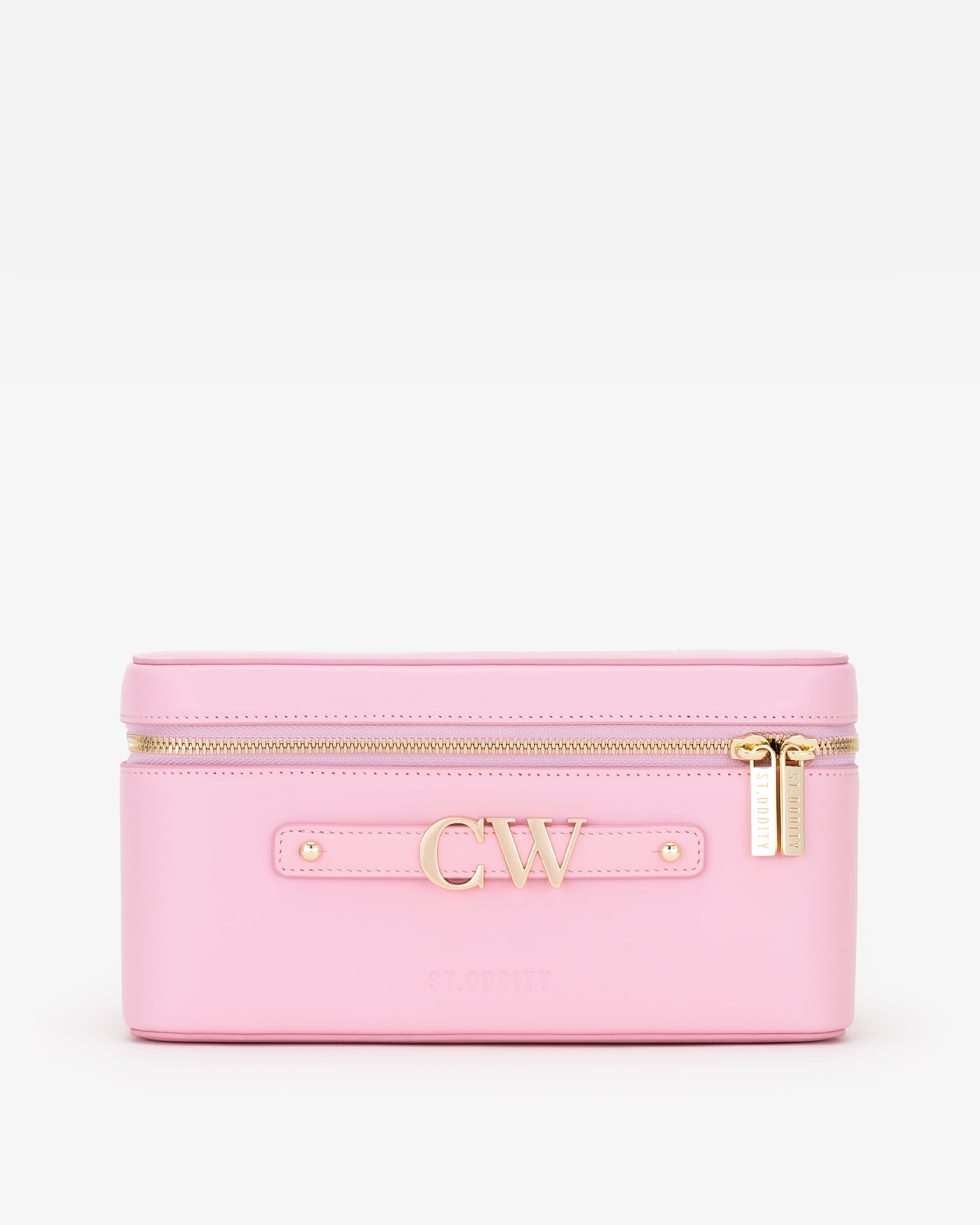 Pink makeup case with initials 'CW' on a white background