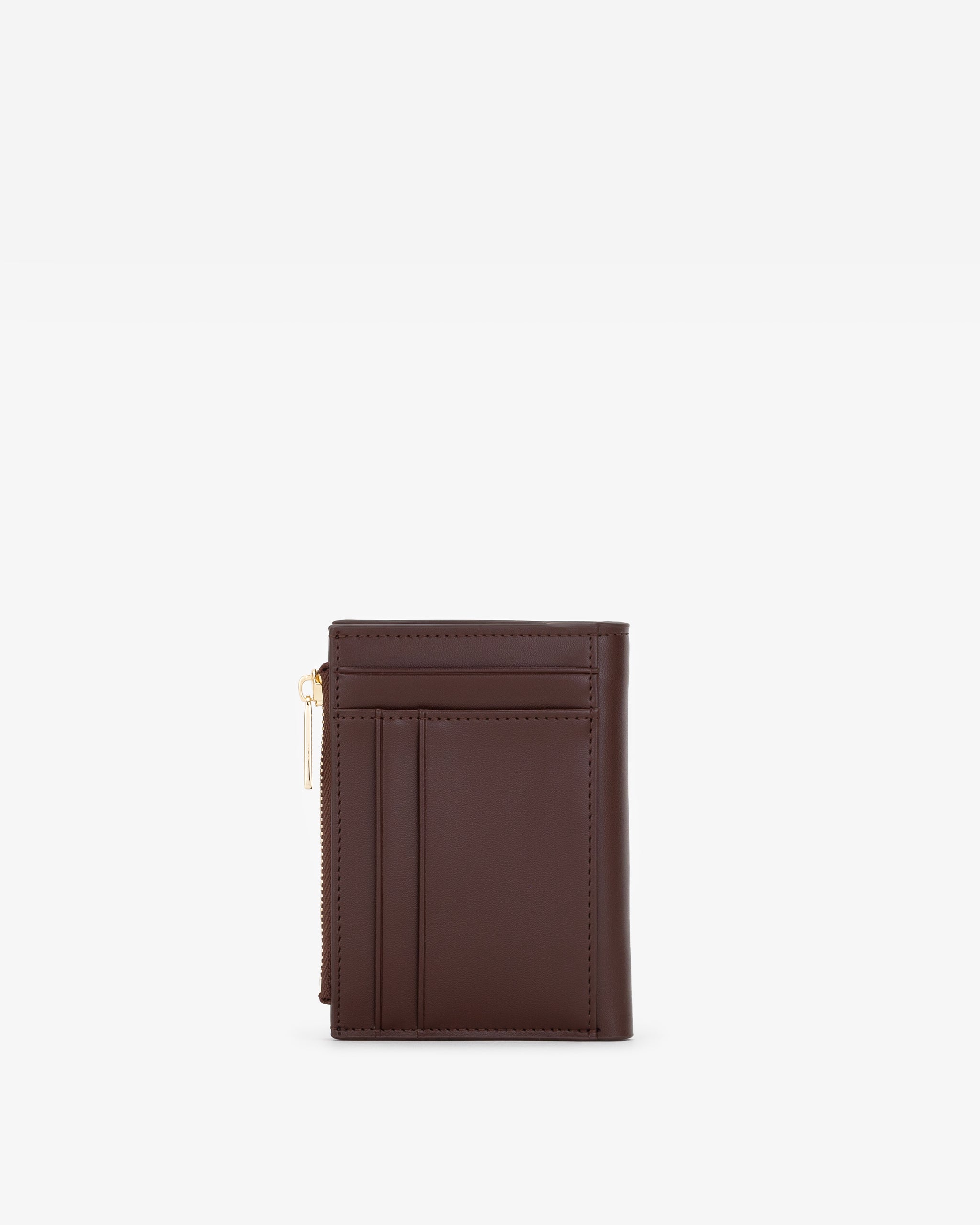 Brown wallet with multiple card slots on a white background