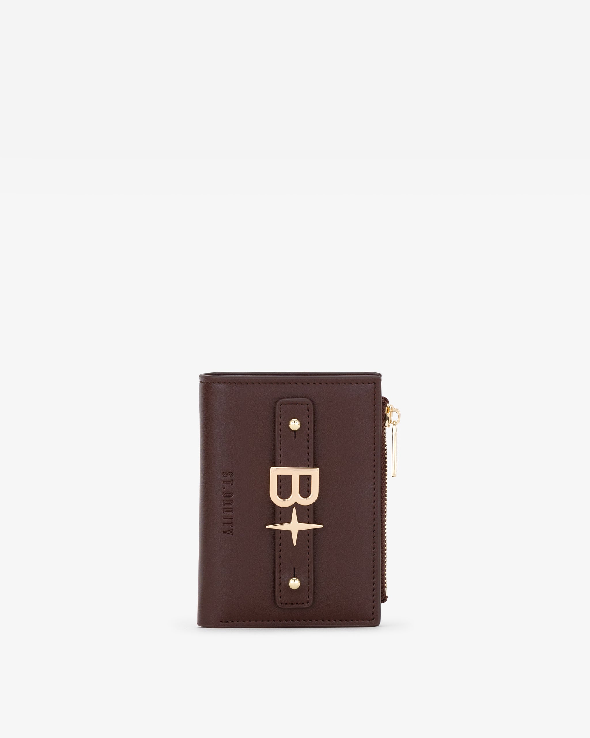 Brown wallet with gold personalisation on a white background