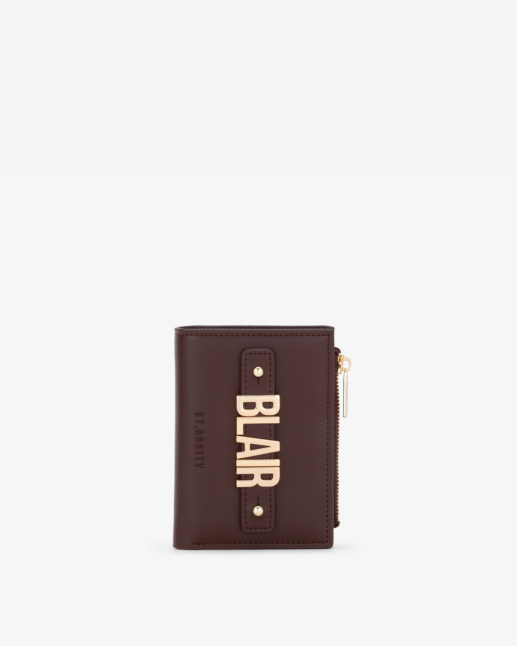 Brown wallet with gold personalisation 'BLAIR' on a white background