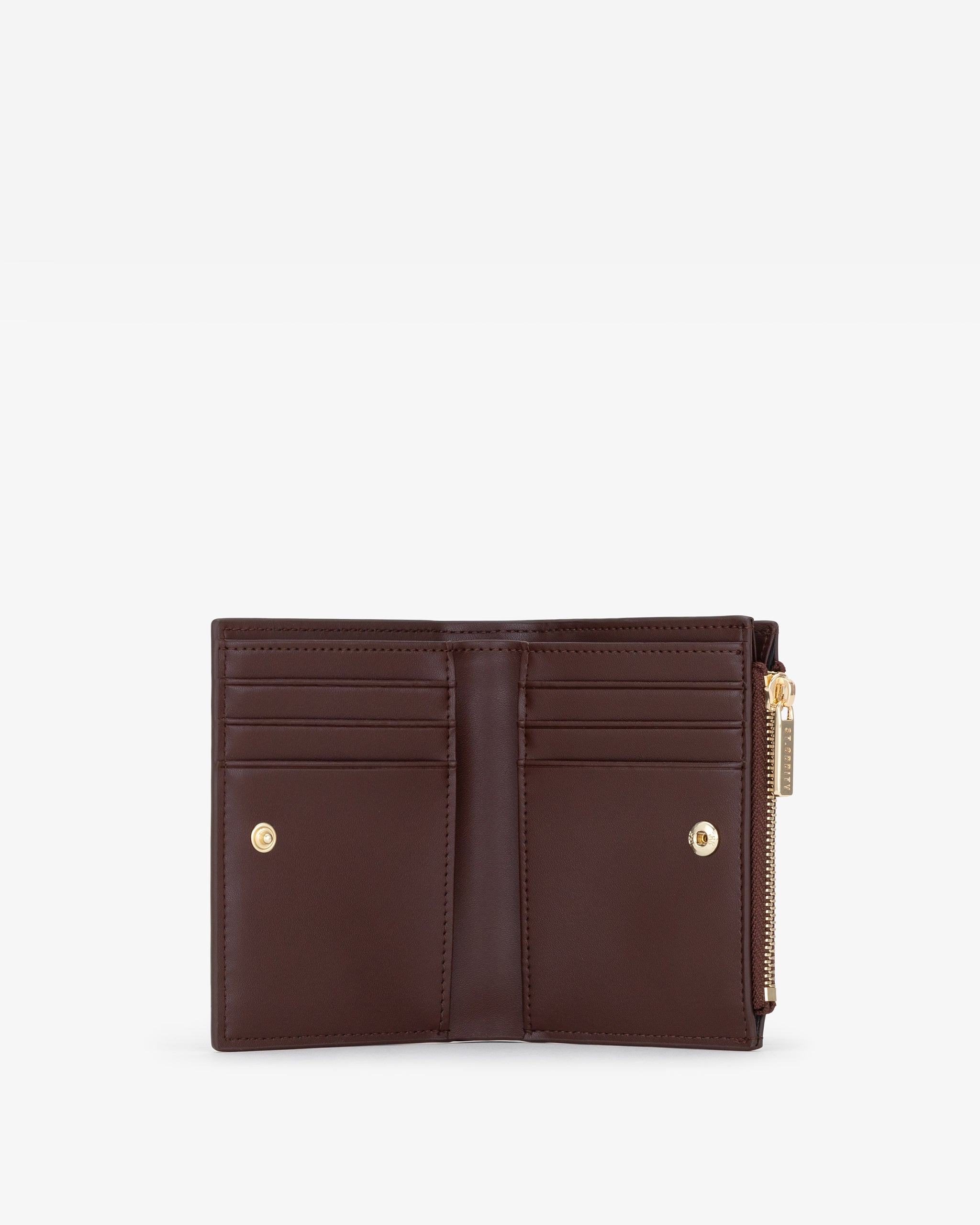 Open brown wallet showing multiple card slots on a white background
