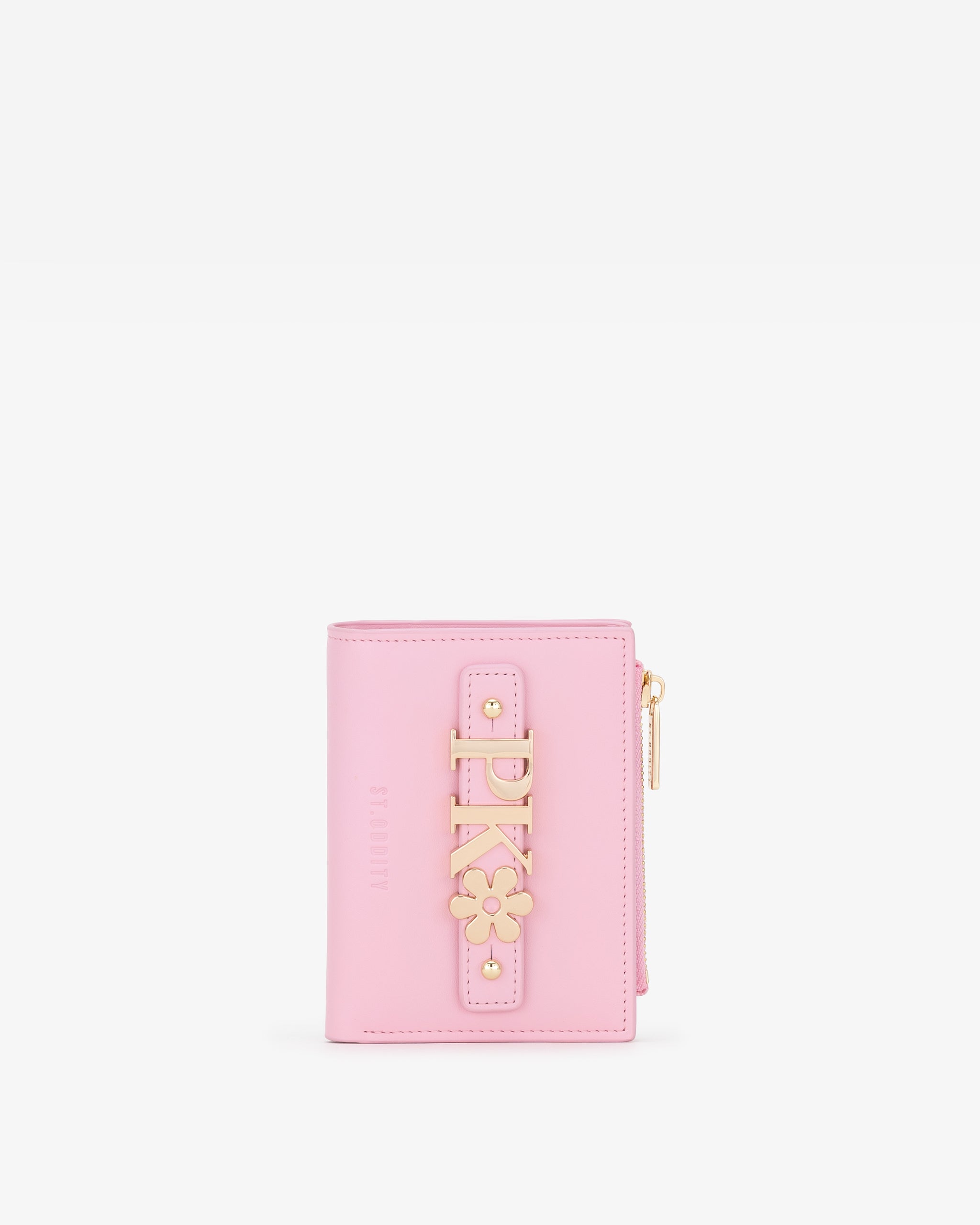 Pink wallet with gold personalisation on a white background