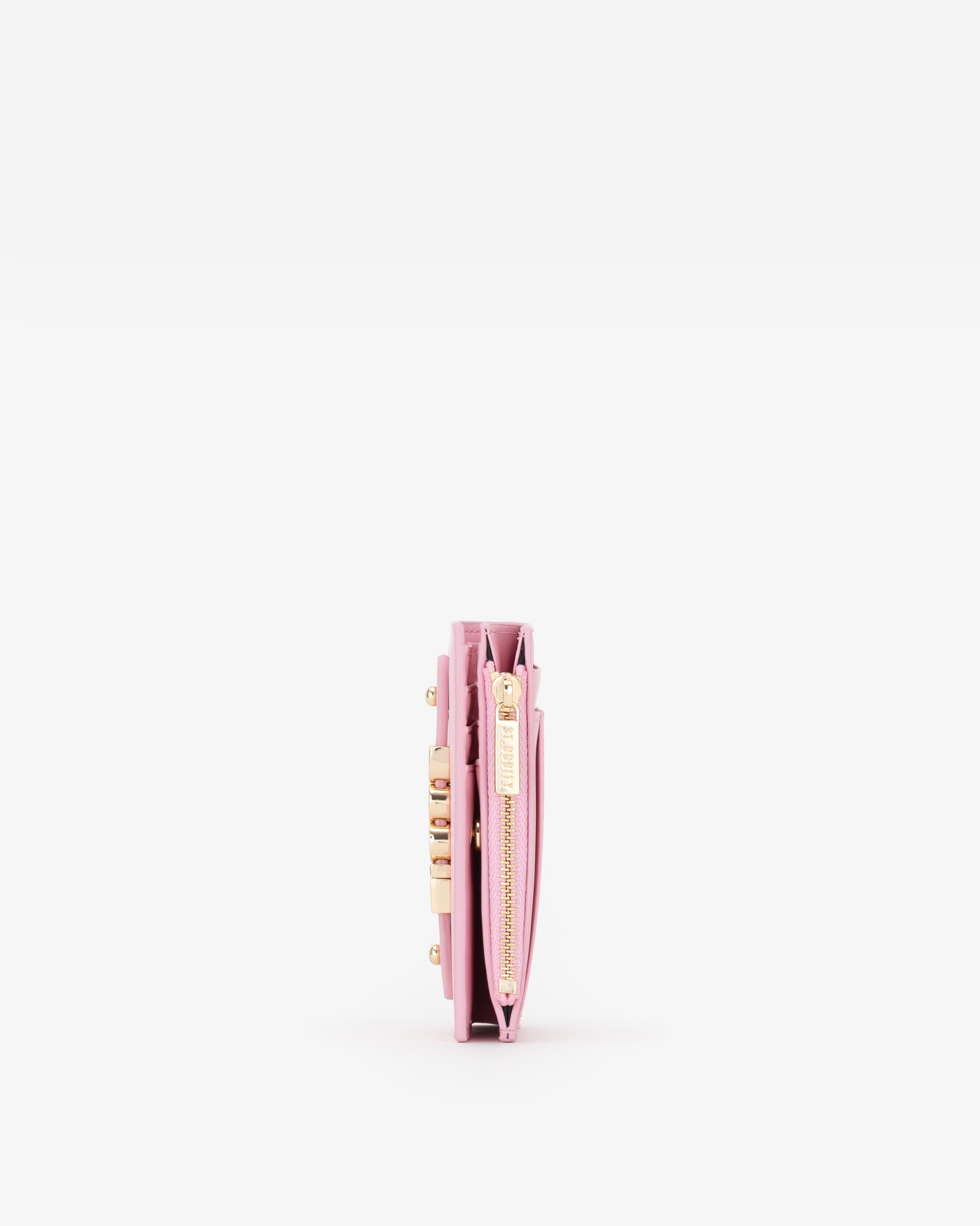 Pink wallet with gold zipper on a white background