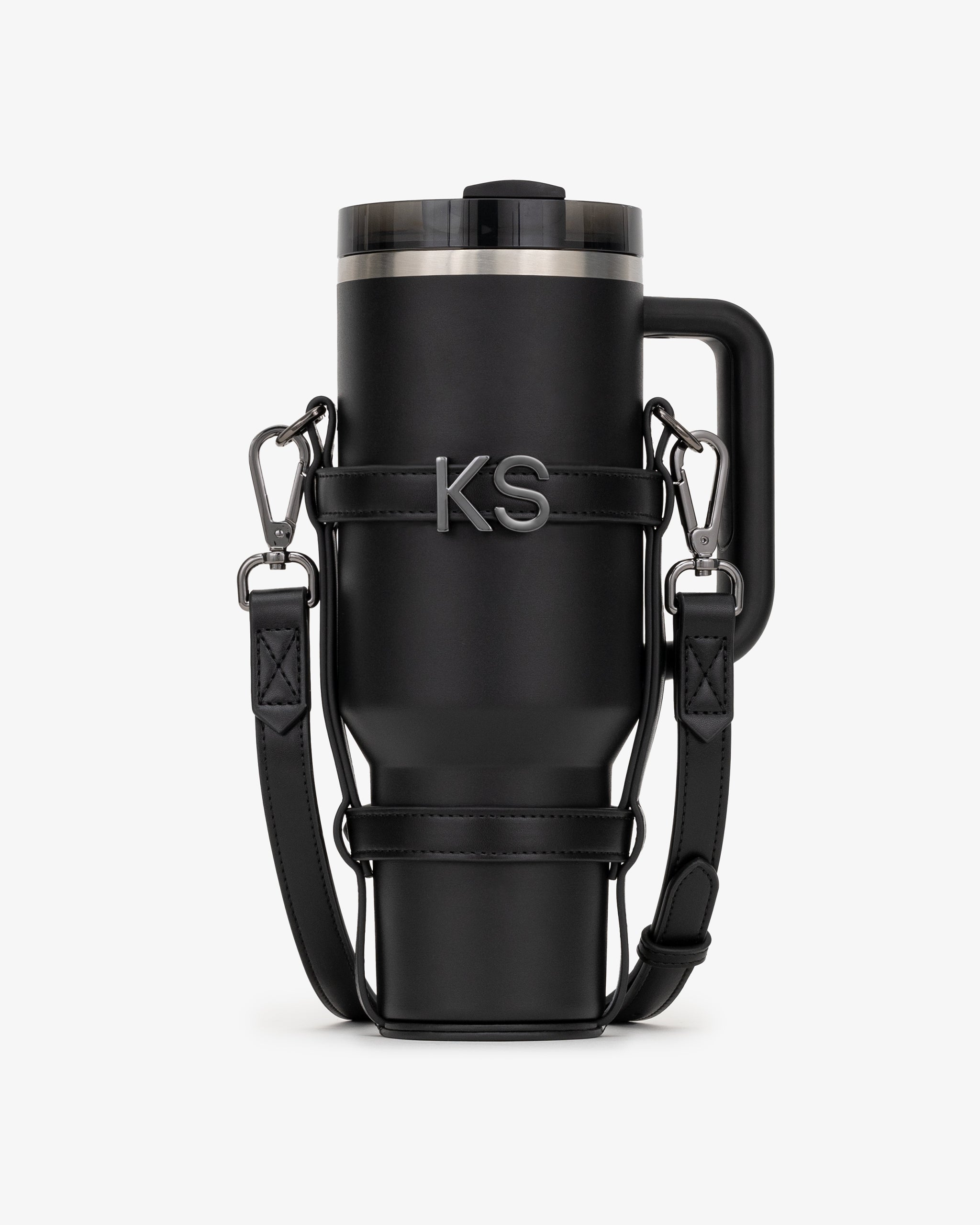 Water Bottle Holder in Black/Gunmetal with Personalised Hardware