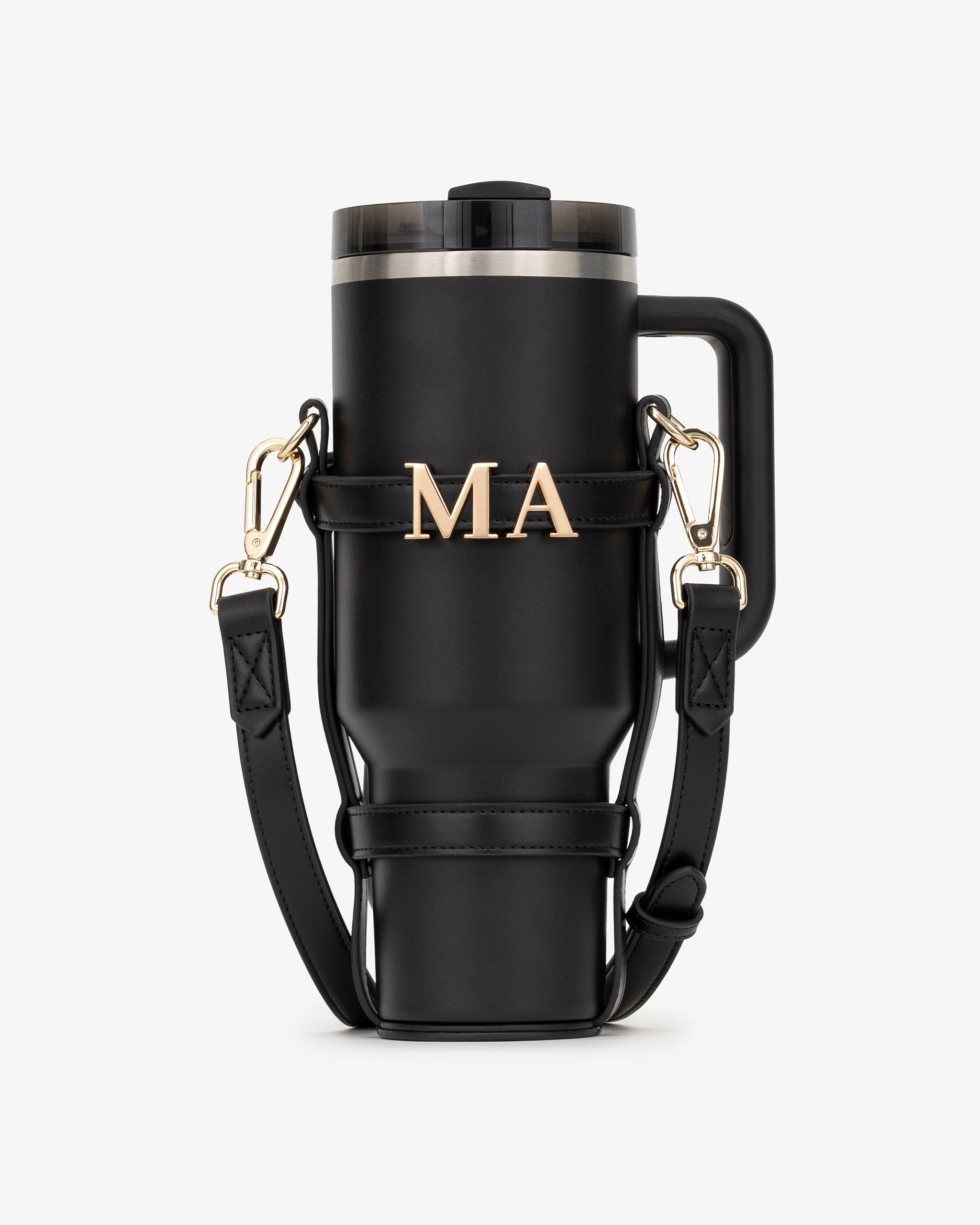 Water Bottle Holder in Black/Gold with Personalised Hardware