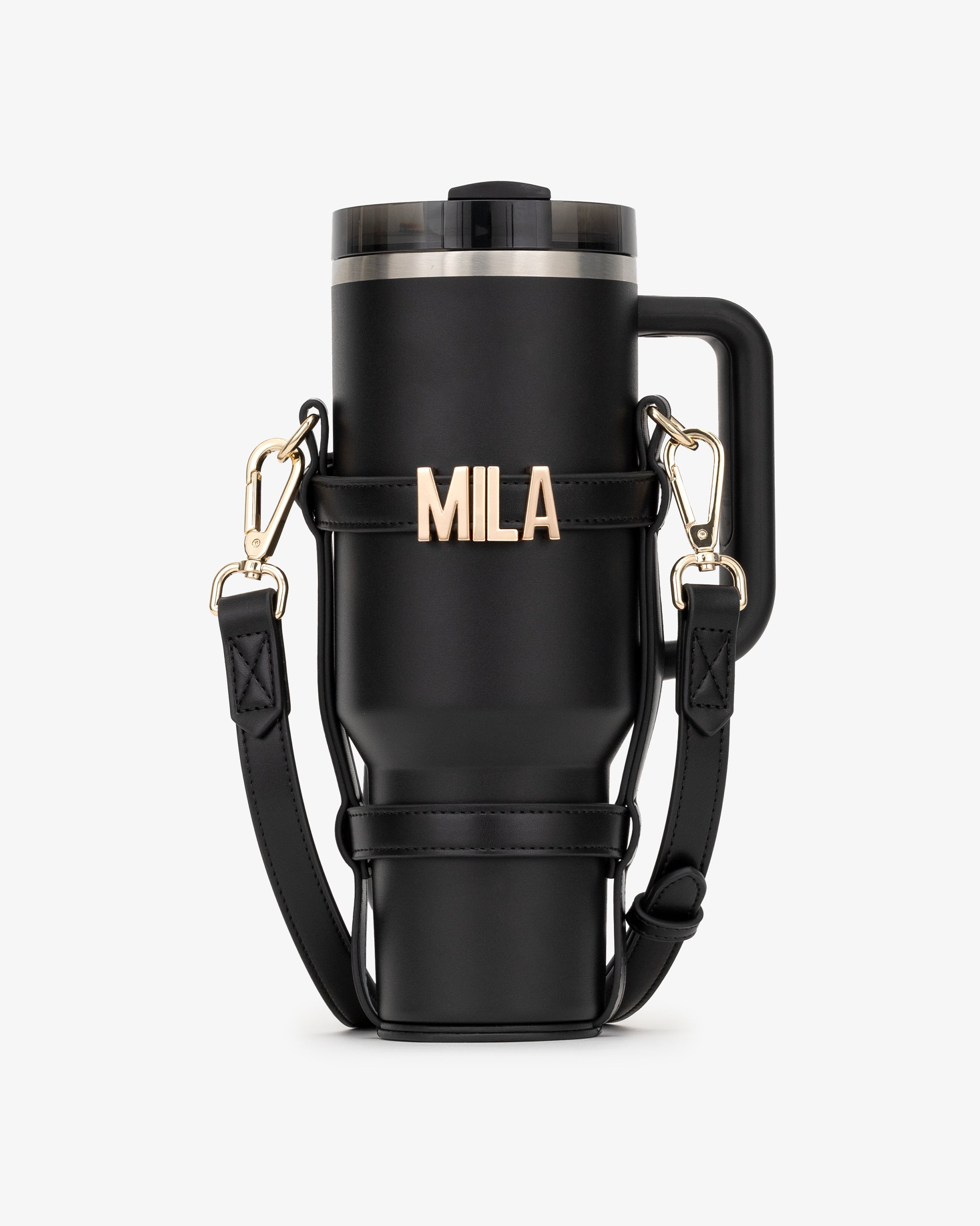 Water Bottle Holder in Black/Gold with Personalised Hardware